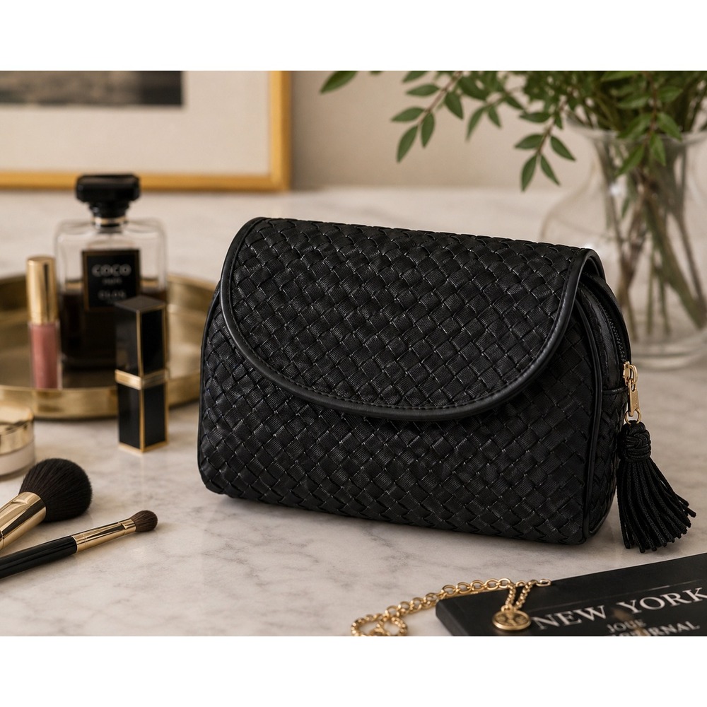 Americana by Sharif Black Woven Cosmetic Bag Tassel Travel Makeup Case